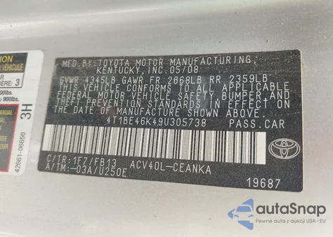 2009 Toyota Camry Le из США, поврежденный, VIN 4T1BE46K49U305738